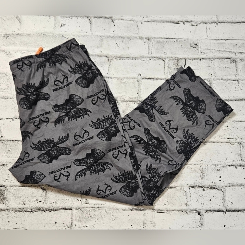 Realtree Moose Print Pajama Pants Mens XL Gray Black Drawstring Lounge Pants